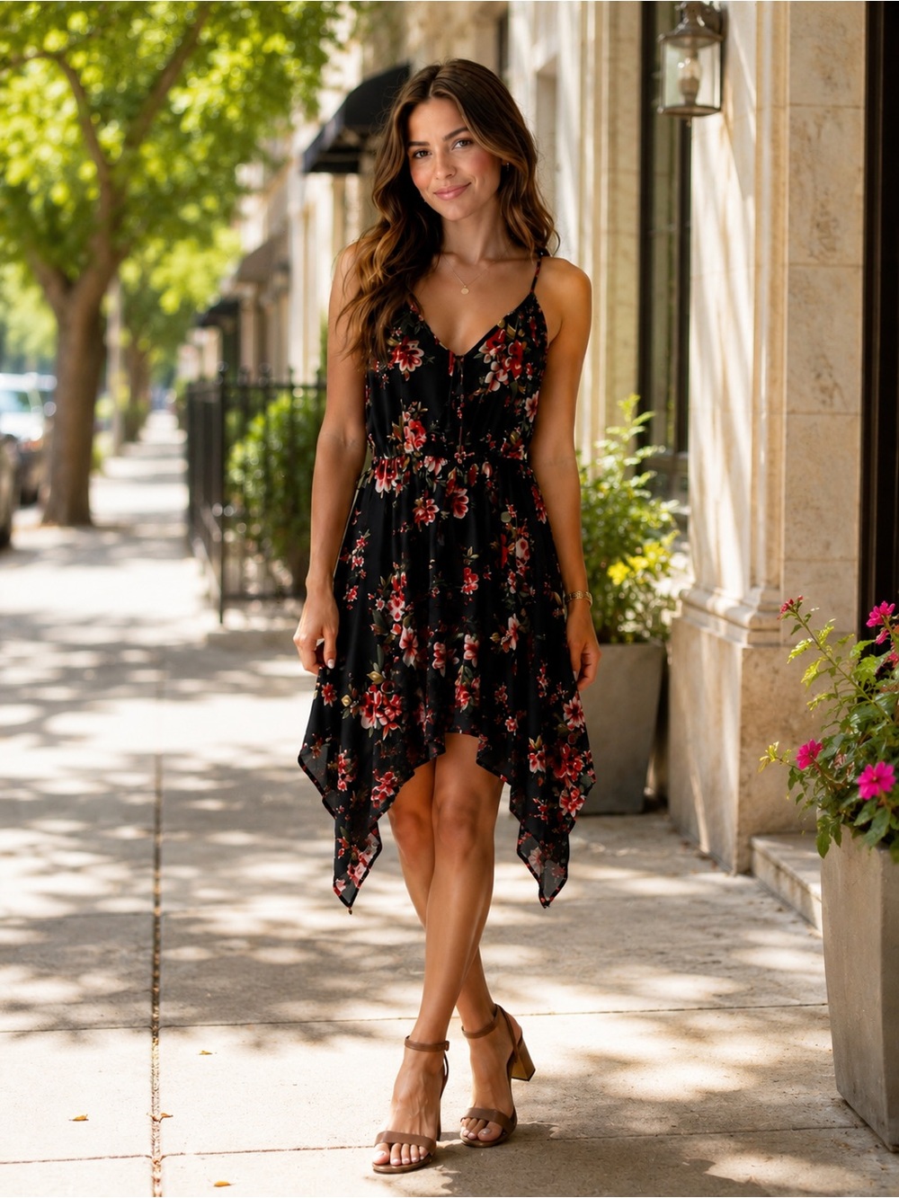Xhilaration Black Floral Wrap Dress with Reddish & Pink Blooms